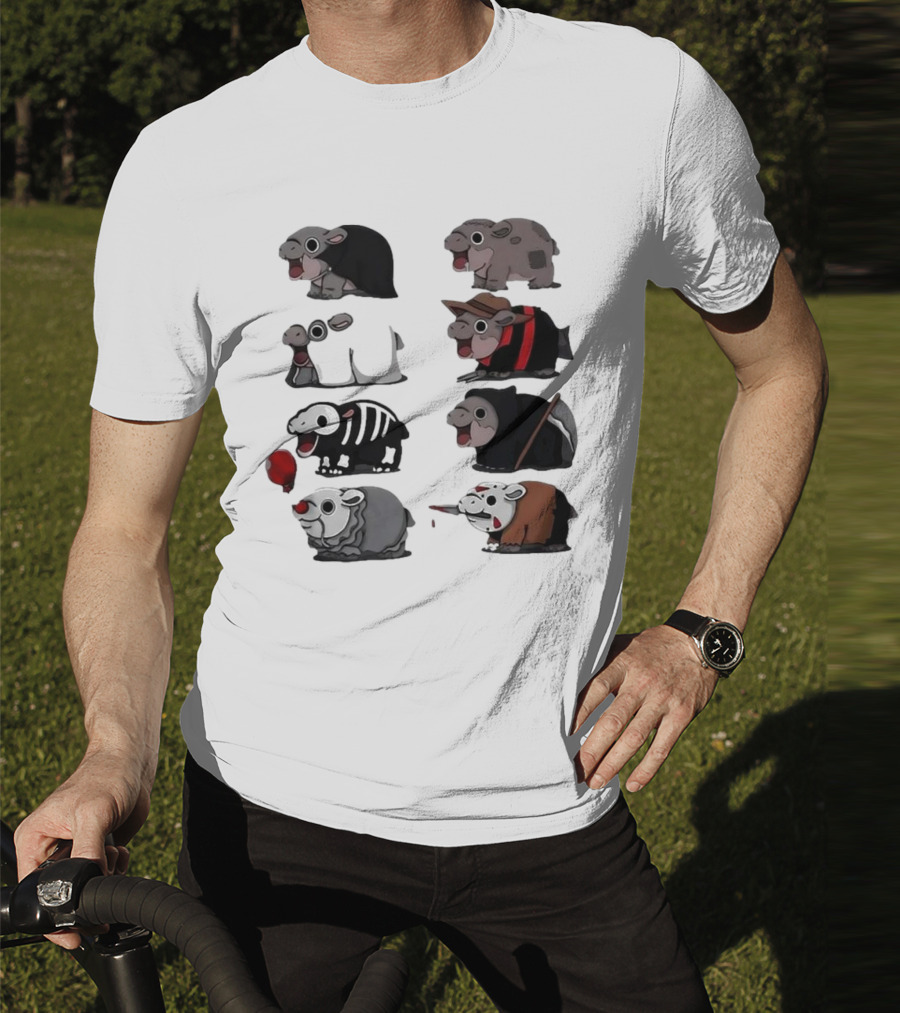 Scary Hippo Moo Deng In Horror Iconic Film Characters T-Shirt