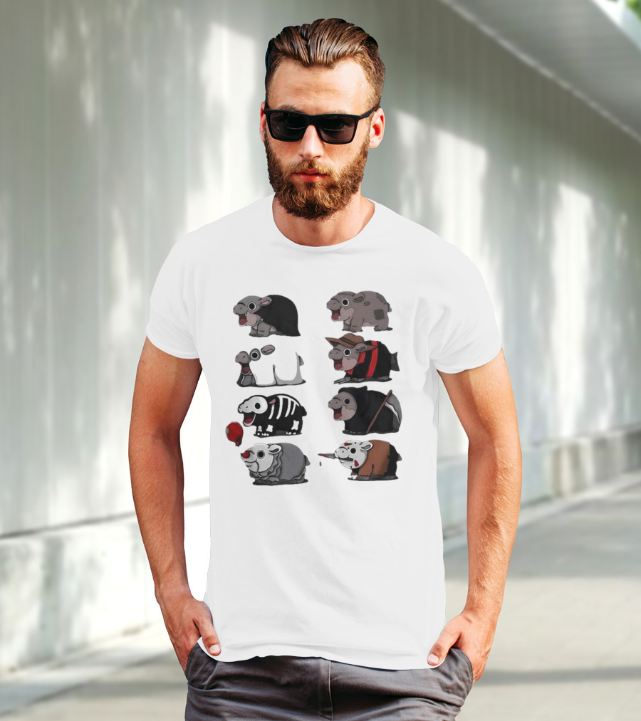 Scary Hippo Moo Deng In Horror Iconic Film Characters T-Shirt