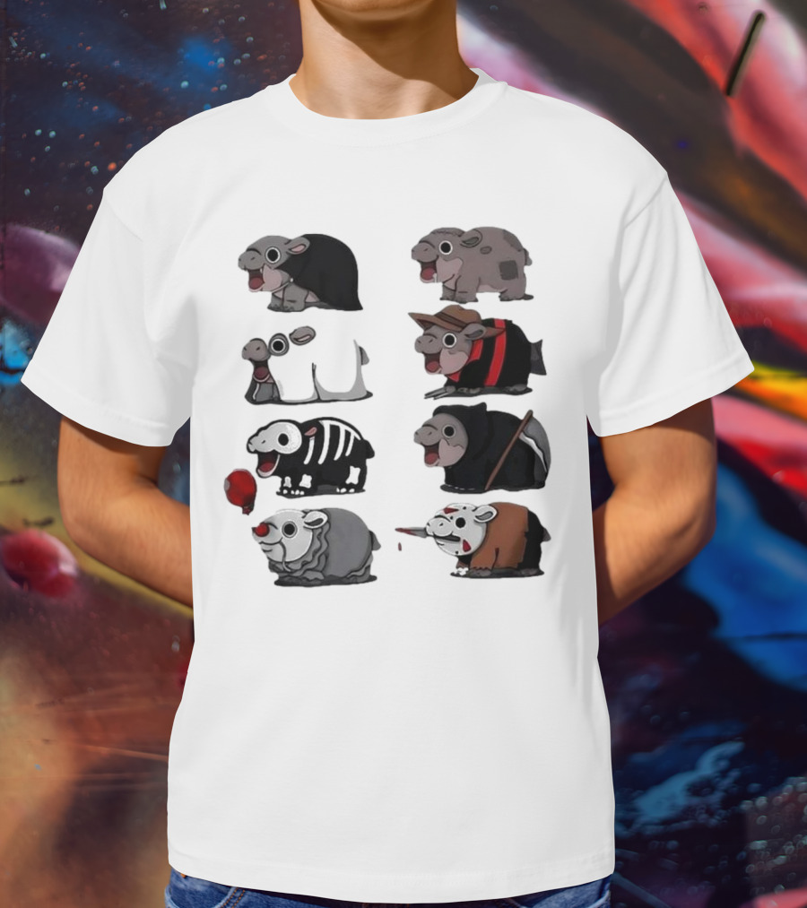 Scary Hippo Moo Deng In Horror Iconic Film Characters T-Shirt
