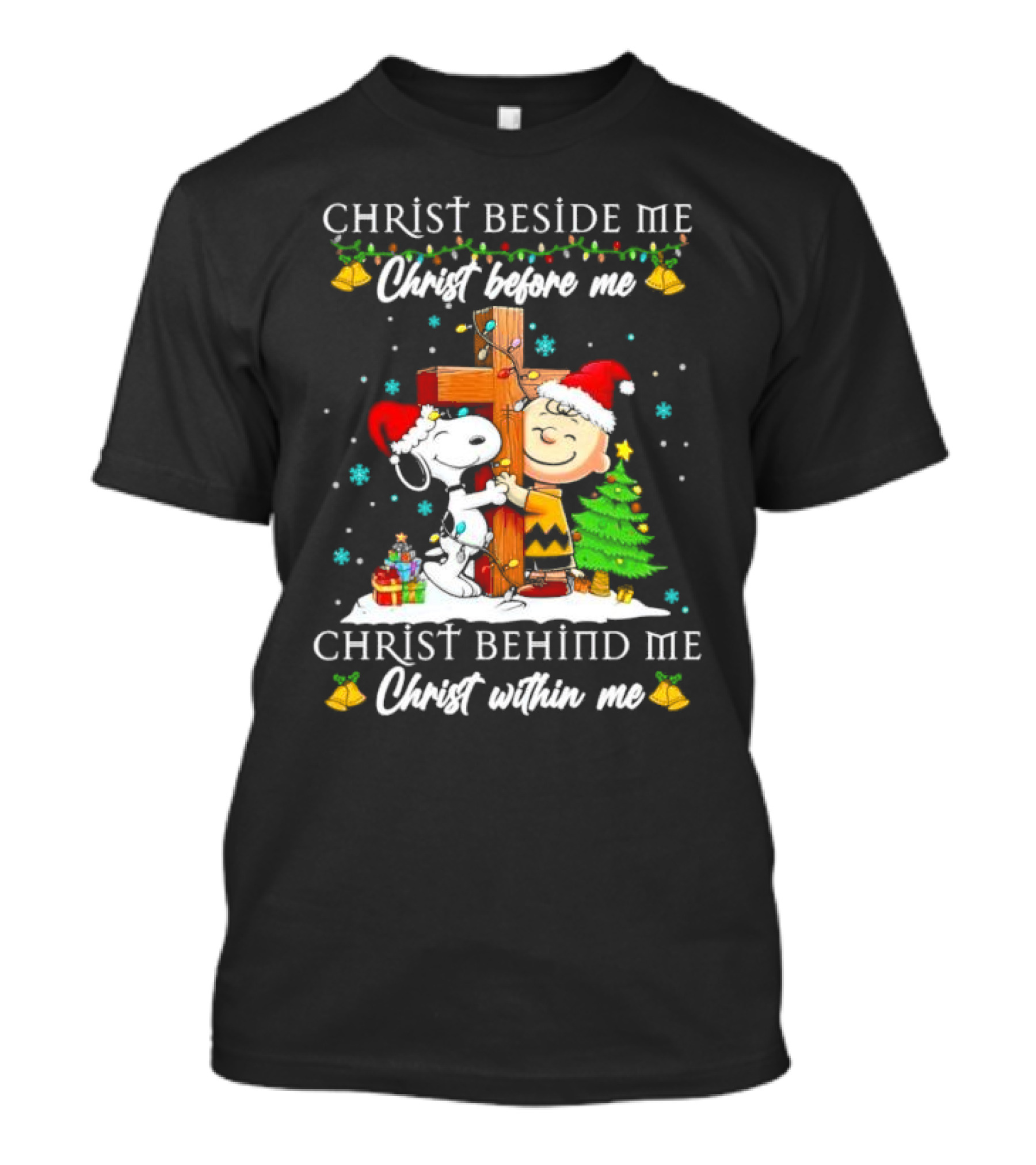 Charlie Brown Snoopy Christ Beside Me Before Me Behind Me Within Me Christmas Scene T-Shirt
