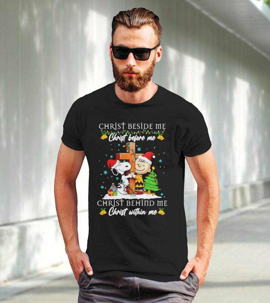 Charlie Brown Snoopy Christ Beside Me Before Me Behind Me Within Me Christmas Scene T-Shirt