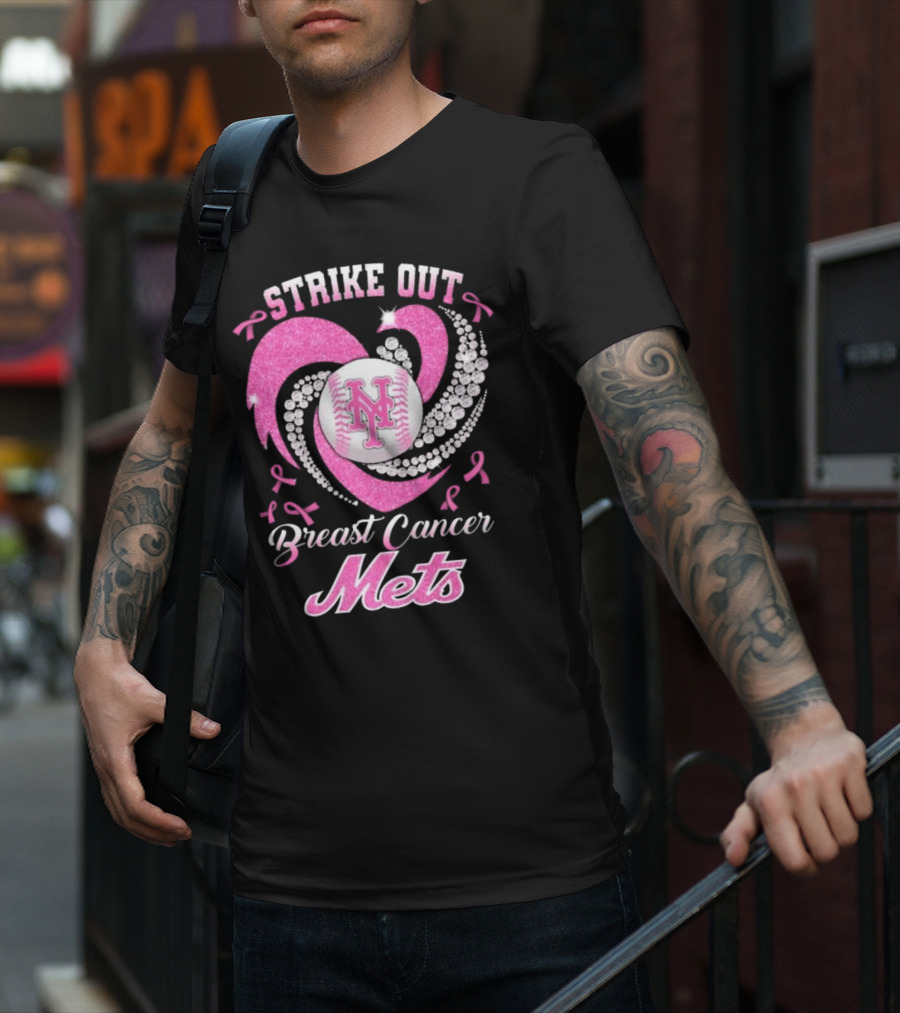 Strike Out Breast Cancer Mets Heart Diamond New York Mets T-Shirt