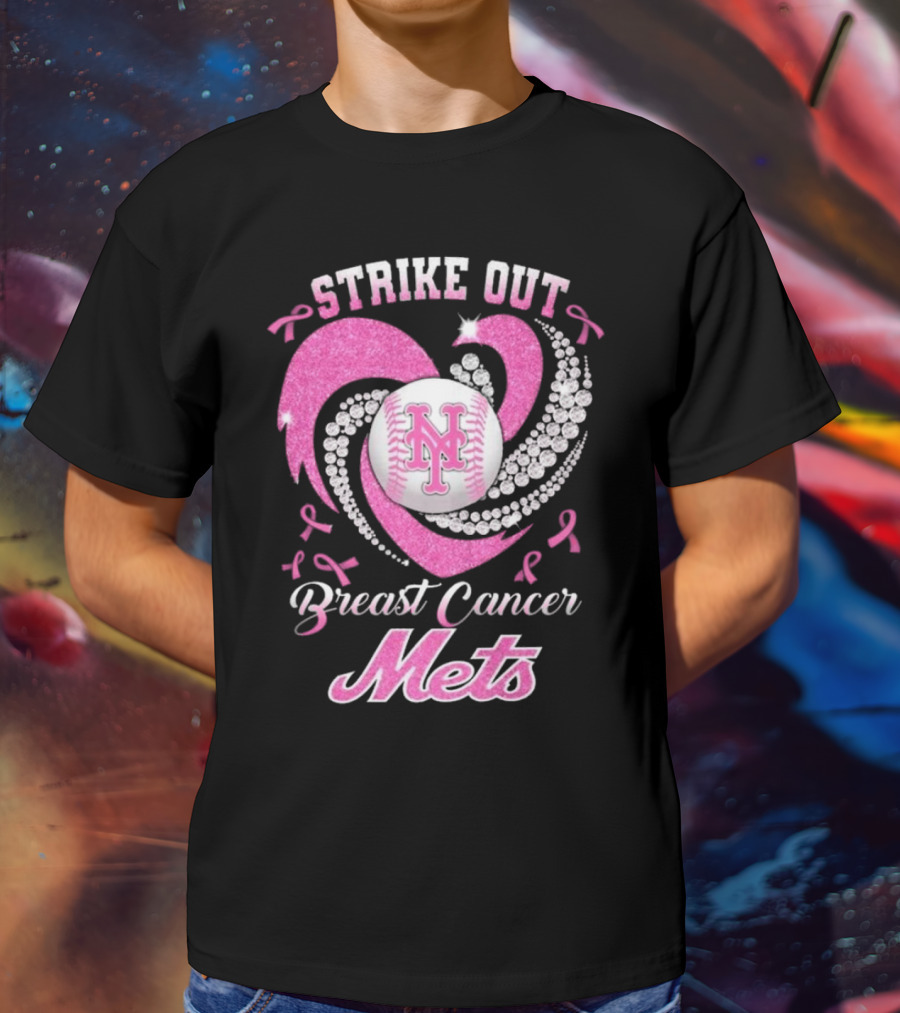 Strike Out Breast Cancer Mets Heart Diamond New York Mets T-Shirt