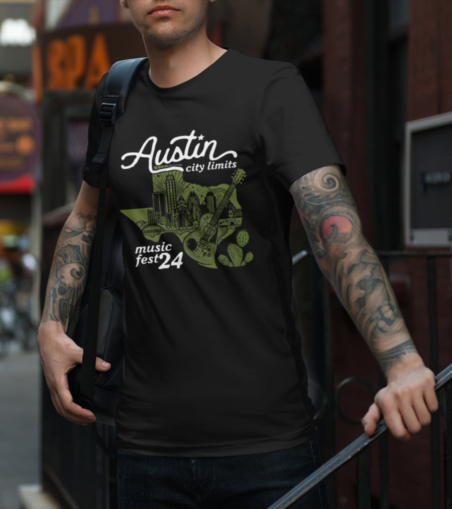 Austin City Limits Music Fest 24 Texas Skyline And Guitar Cactus T-Shirt
