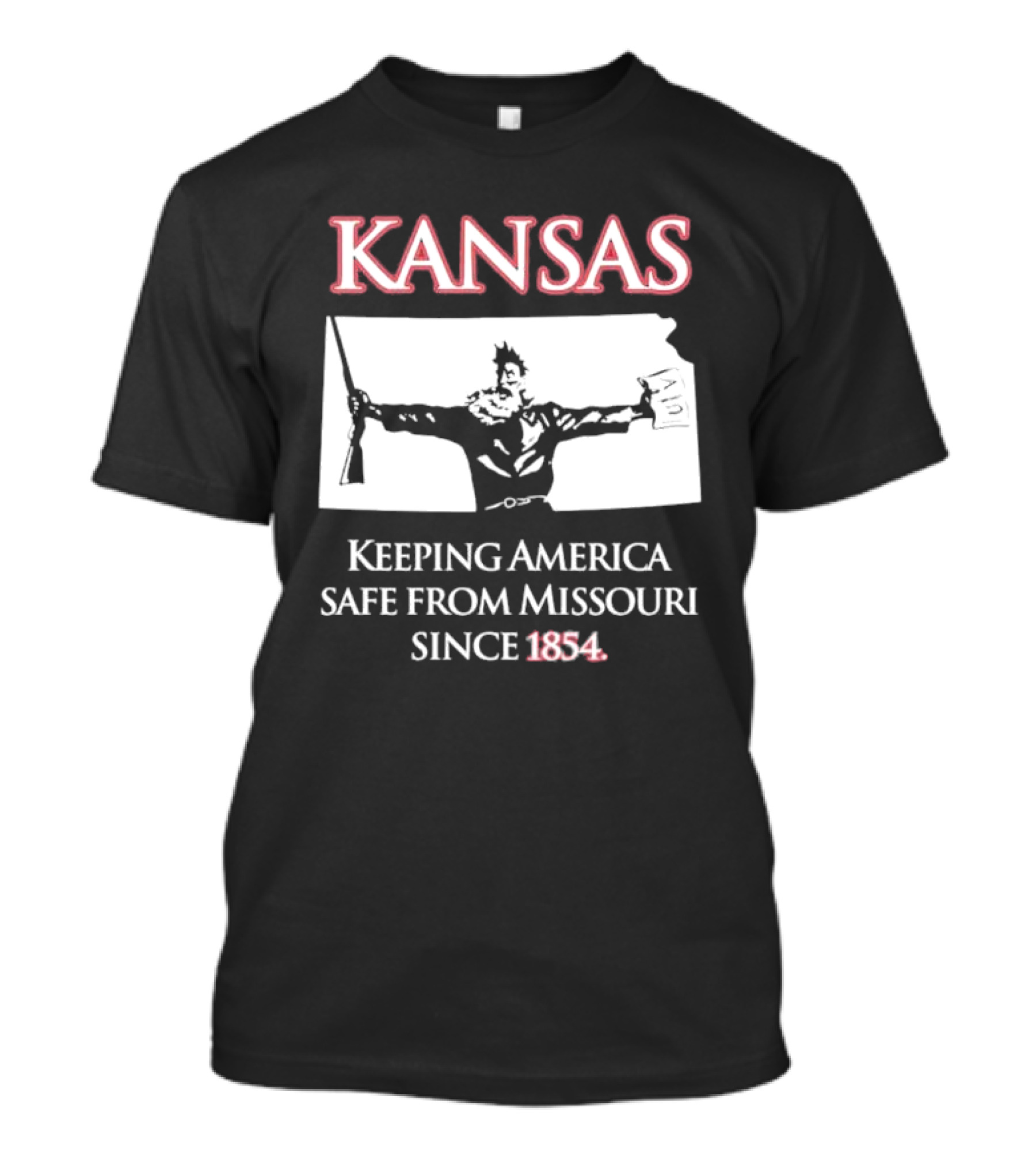 Kansas Keeping America Safe From Missouri Since 1854 Black Shirt With Armed Figure Holding Map And Gun T-Shirt