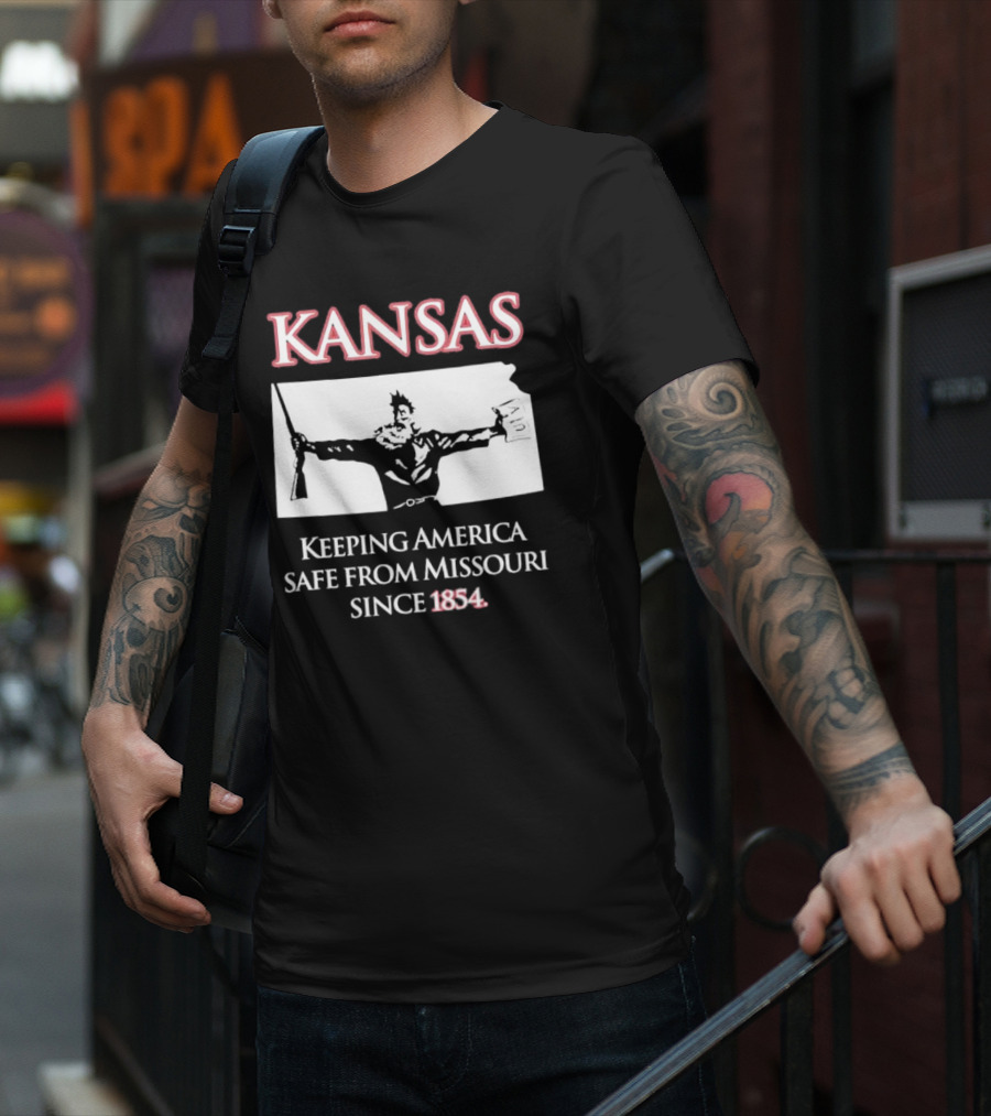 Kansas Keeping America Safe From Missouri Since 1854 Black Shirt With Armed Figure Holding Map And Gun T-Shirt