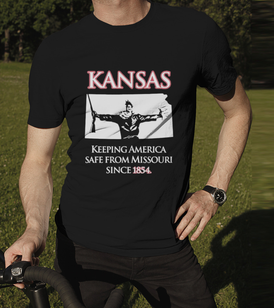 Kansas Keeping America Safe From Missouri Since 1854 Black Shirt With Armed Figure Holding Map And Gun T-Shirt