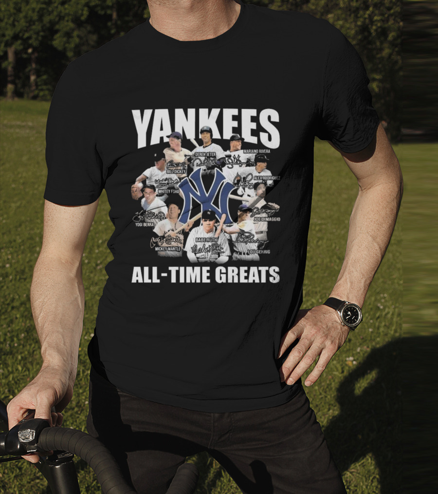 Yankees All-Time Greats Signature Celebrating Derek Jeter Babe Ruth Lou Gehrig Mariano Rivera Mickey Mantle T-Shirt