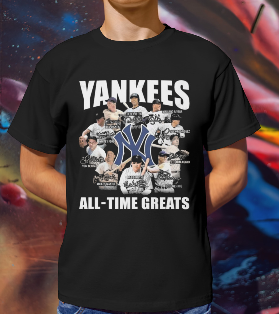 Yankees All-Time Greats Signature Celebrating Derek Jeter Babe Ruth Lou Gehrig Mariano Rivera Mickey Mantle T-Shirt