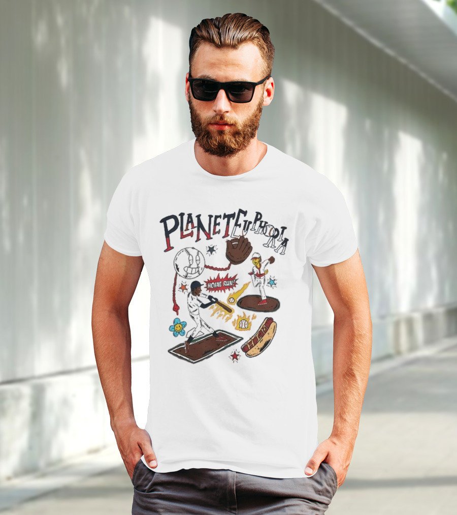 Planet Euphoria Baseball Home Run Hot Dog Illustration With Players And Glove T-Shirt