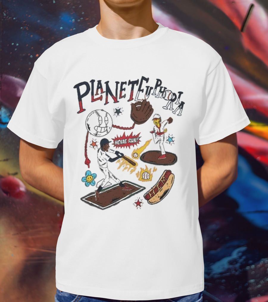 Planet Euphoria Baseball Home Run Hot Dog Illustration With Players And Glove T-Shirt