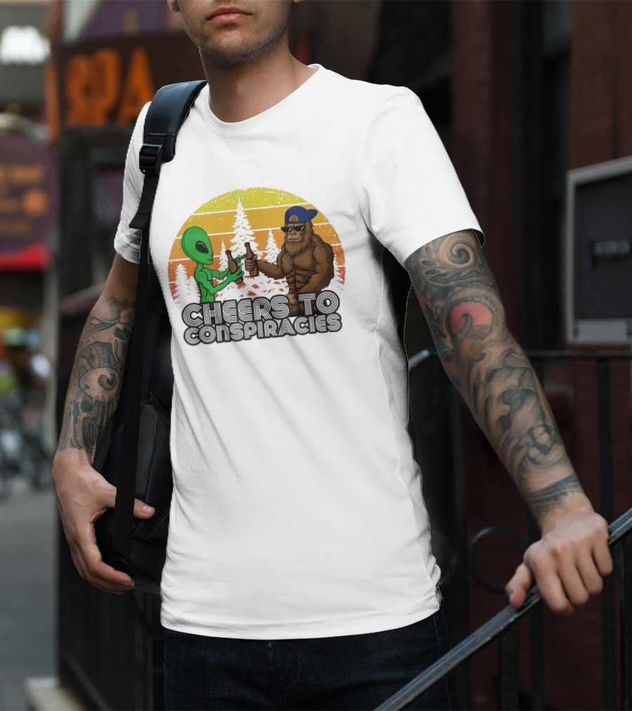Alien And Bigfoot Cheers To Conspiracies In Retro Sunset Forest T-Shirt