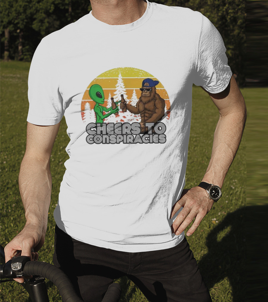 Alien And Bigfoot Cheers To Conspiracies In Retro Sunset Forest T-Shirt