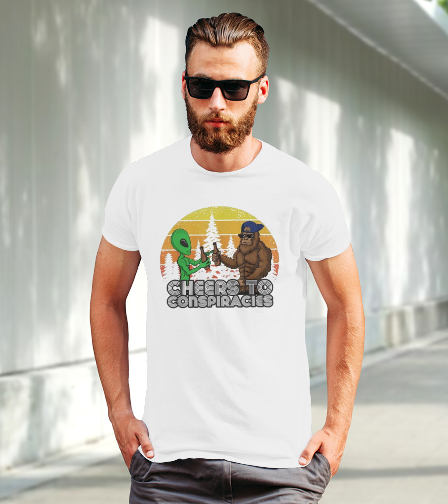 Alien And Bigfoot Cheers To Conspiracies In Retro Sunset Forest T-Shirt