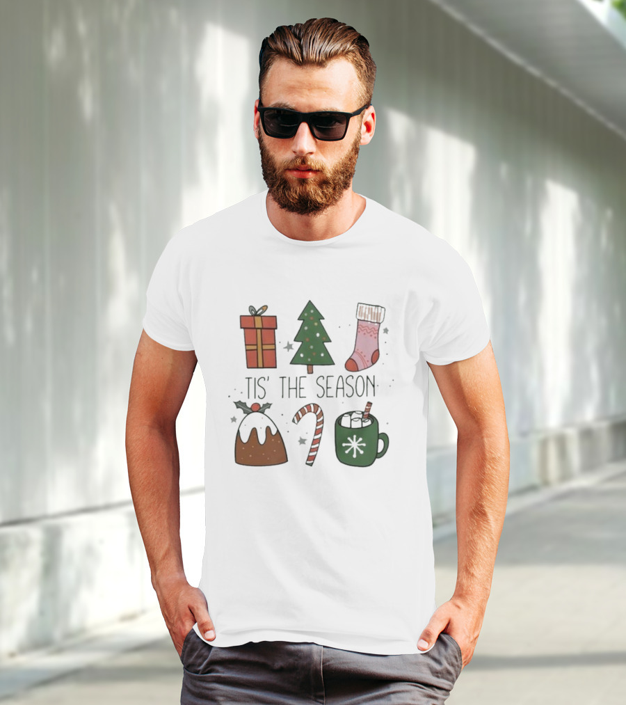 'Tis The Season Christmas Tree Stocking Gift Candy Cane Hot Chocolate T-Shirt