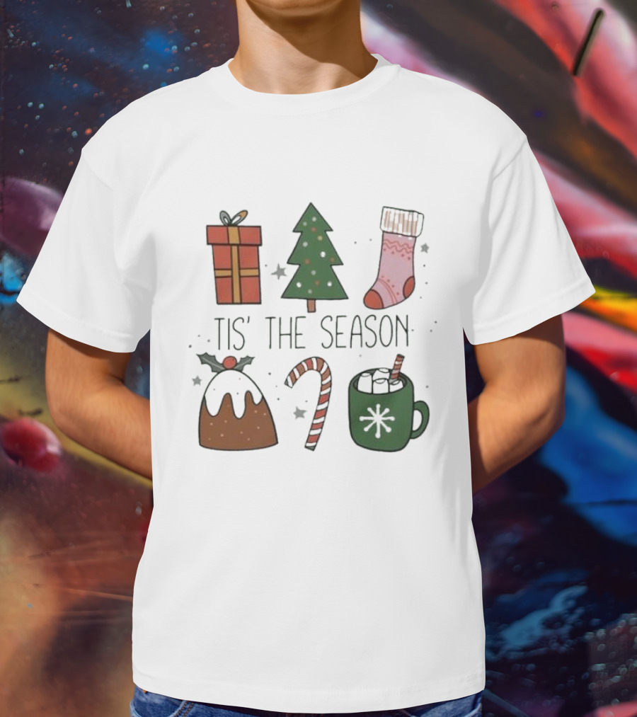 'Tis The Season Christmas Tree Stocking Gift Candy Cane Hot Chocolate T-Shirt