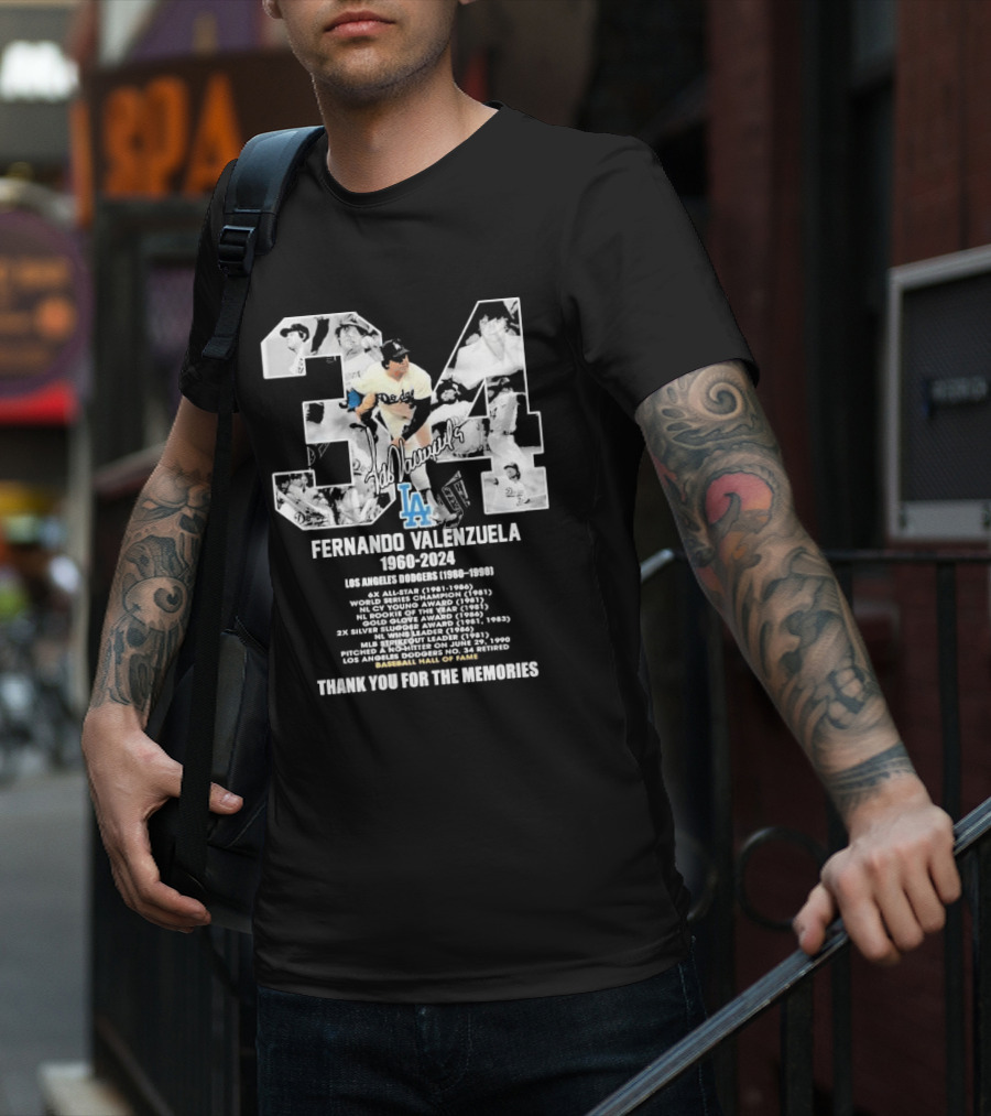 Fernando Valenzuela Los Angeles Dodgers 1980-1991 Baseball Hall Of Fame Thank You For The Memories 34 Signature T-Shirt