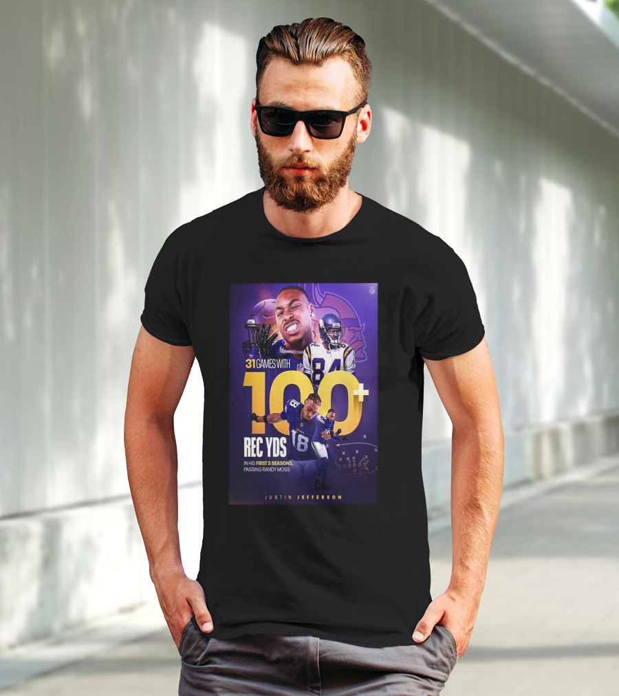 Justin Jefferson 31 Games 100+ Rec Yds First 5 Seasons Passing Randy Moss T-Shirt