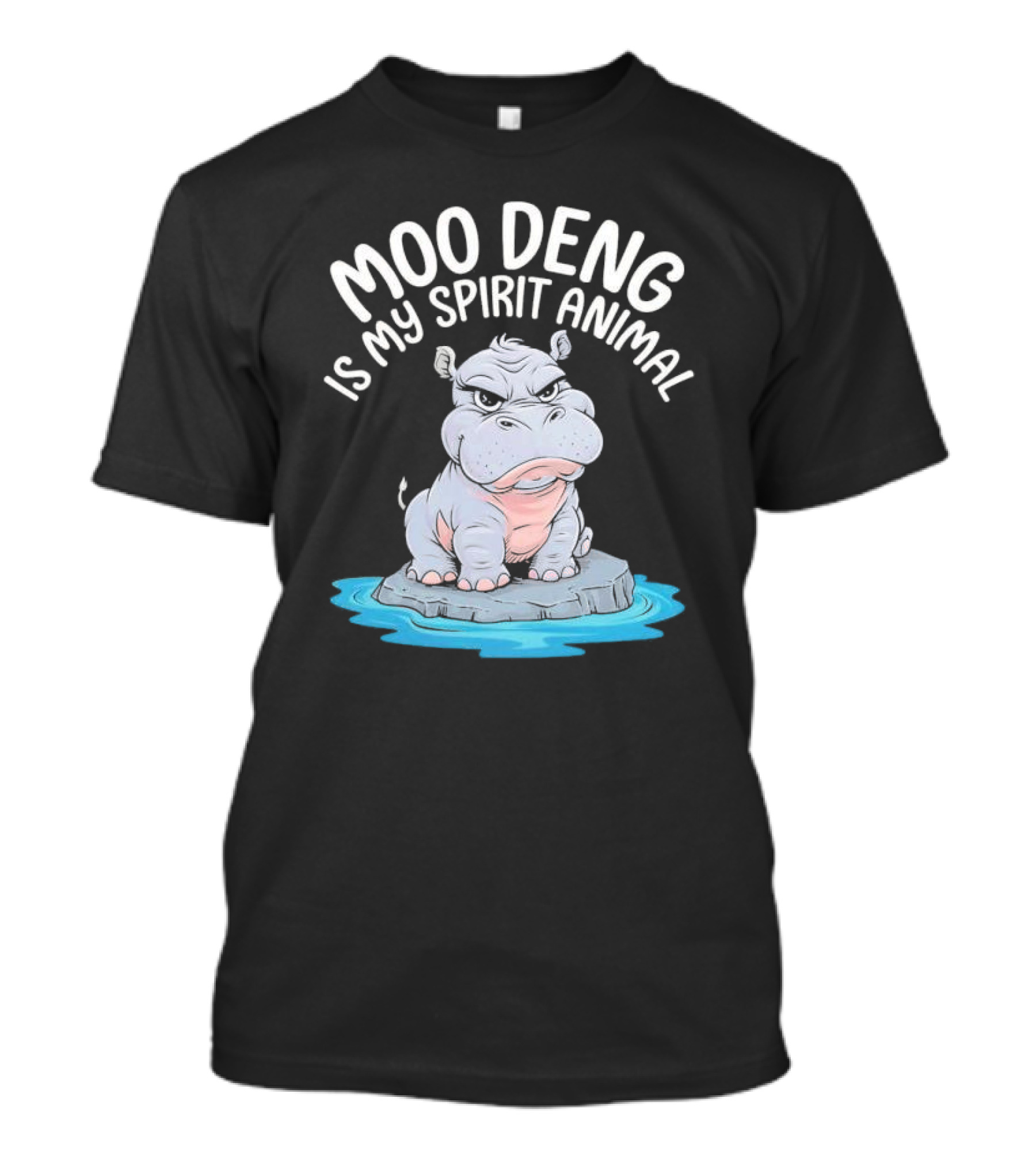 Moo Deng Is My Spirit Animal Cartoon Hippo On Rock In Water T-Shirt