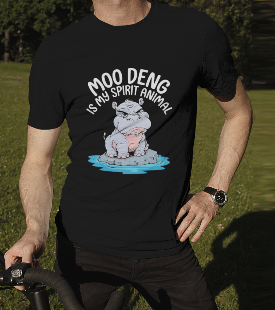 Moo Deng Is My Spirit Animal Cartoon Hippo On Rock In Water T-Shirt