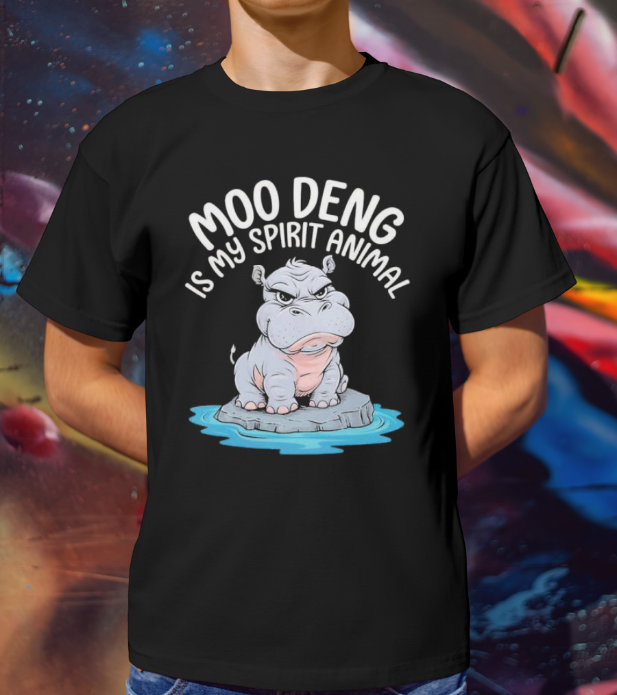 Moo Deng Is My Spirit Animal Cartoon Hippo On Rock In Water T-Shirt