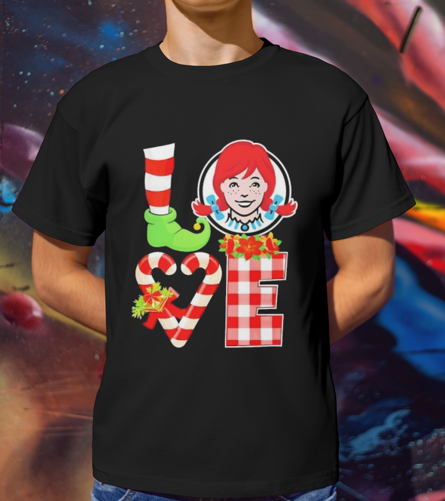 LOVE Elf Wendy’s Christmas Red Stripes Plaid Candy Cane Holiday T-Shirt