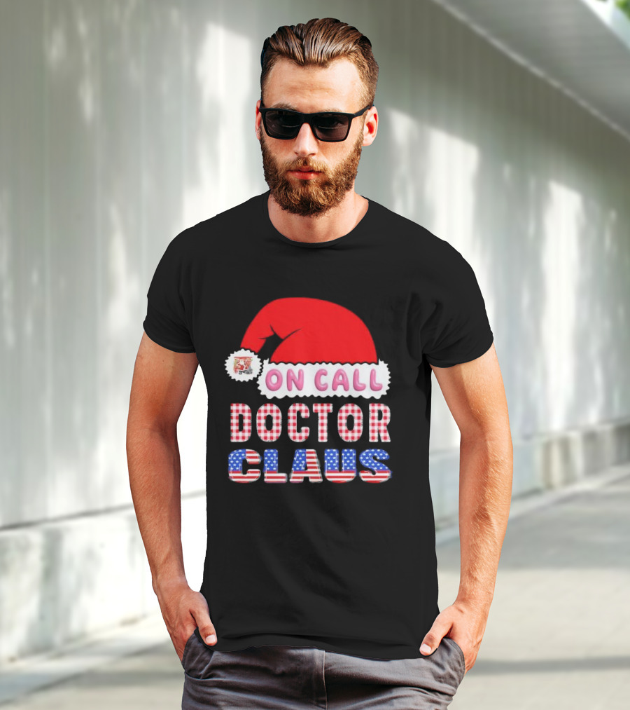 Doctor Claus On Call Christmas Santa Hat American Flag T-Shirt