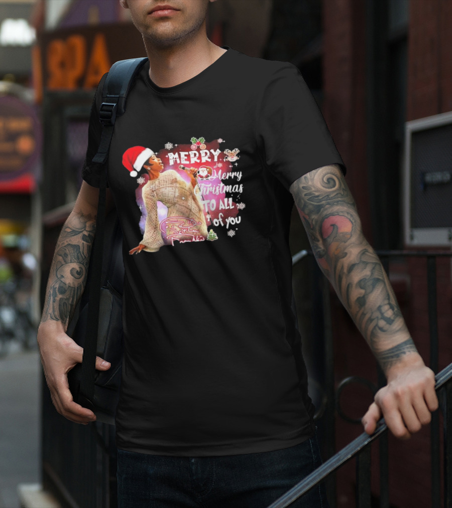 Aretha Franklin Merry Christmas To All Of You Santa Hat Snowflakes T-Shirt