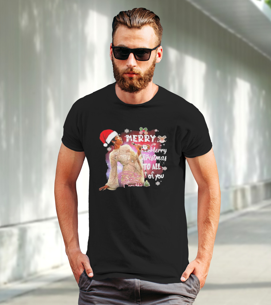 Aretha Franklin Merry Christmas To All Of You Santa Hat Snowflakes T-Shirt