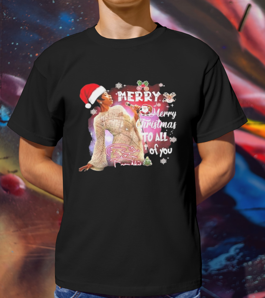 Aretha Franklin Merry Christmas To All Of You Santa Hat Snowflakes T-Shirt