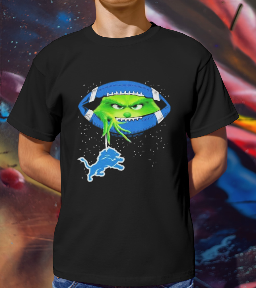 Grinch Holding Detroit Lions Logo Inside Football Christmas T-Shirt