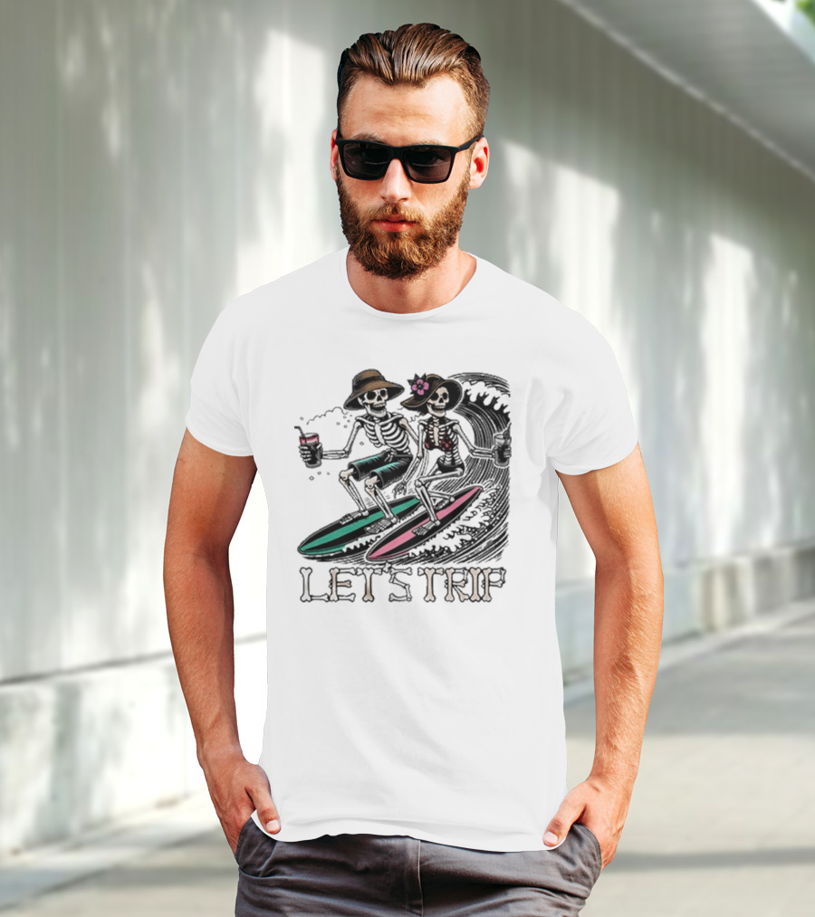 Let’s Trip Skeleton Surf Beach Vibes Retro Skeletons Surfing Waves T-Shirt