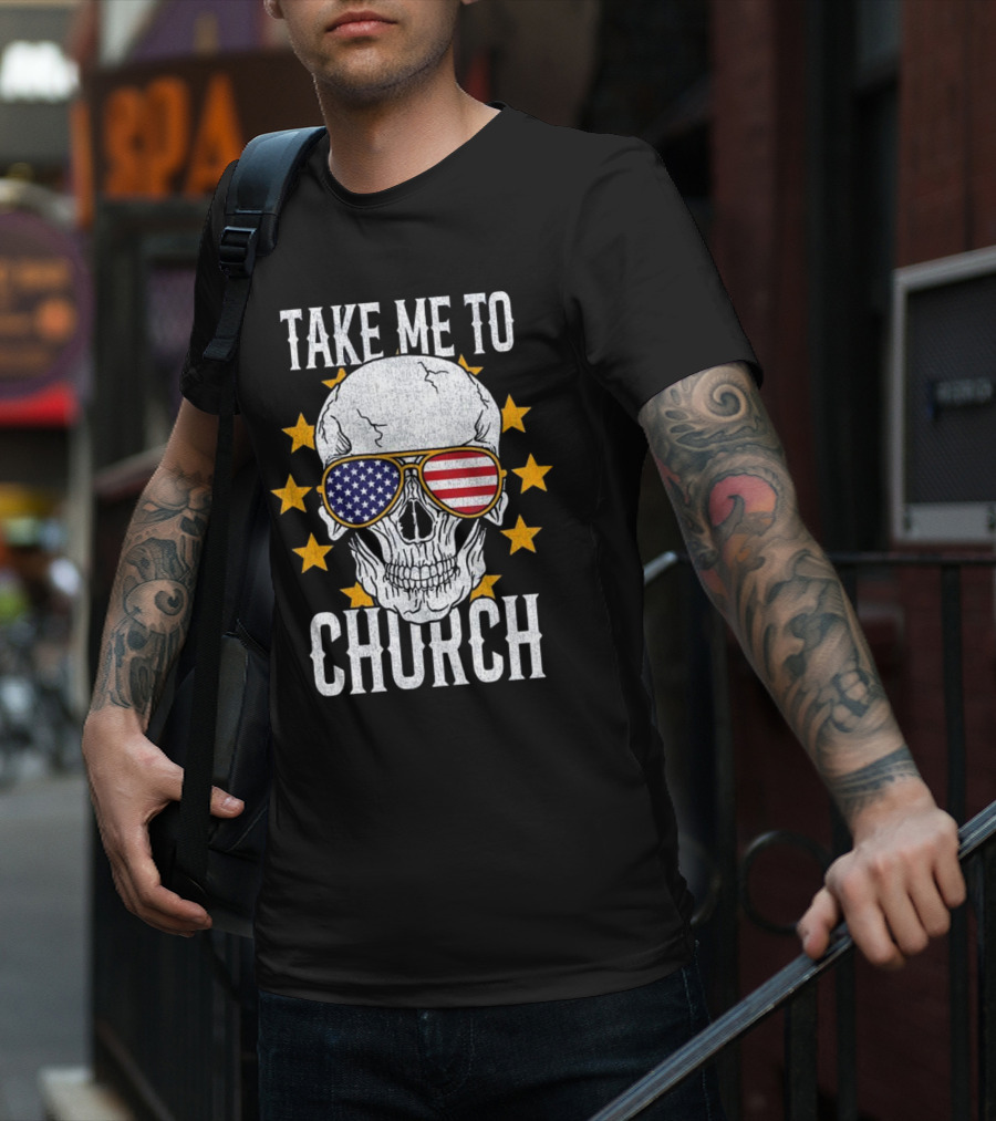 Take Me To Church Skull American Flag Sunglasses T-Shirt