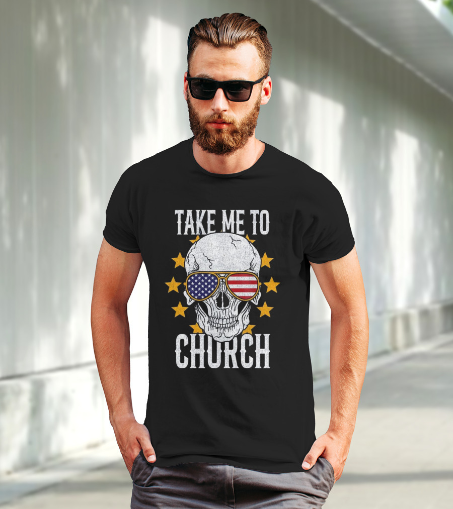 Take Me To Church Skull American Flag Sunglasses T-Shirt