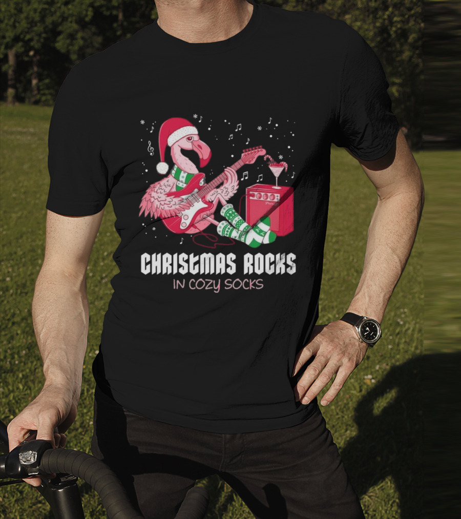 Christmas Rocks In Cozy Socks Flamingo Festive Vibes T-Shirt