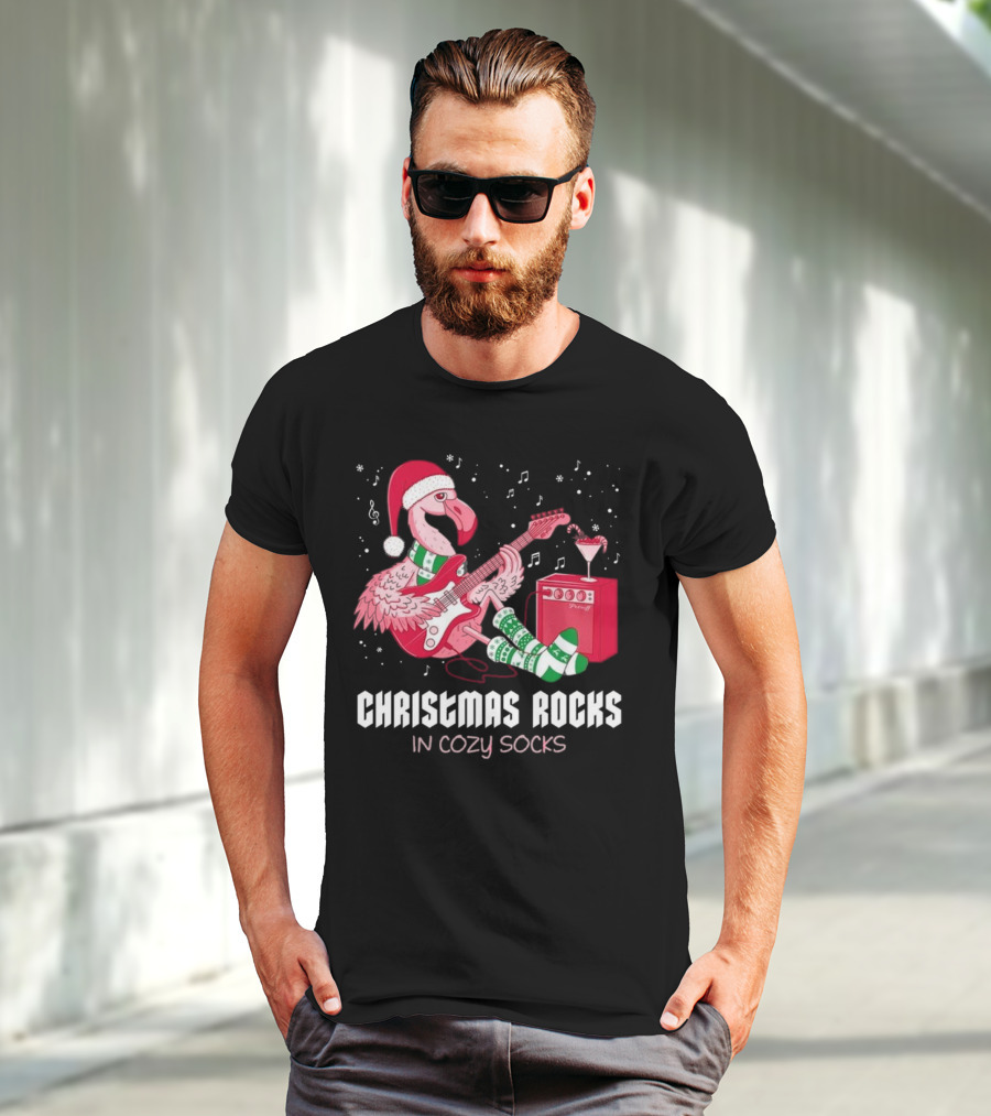 Christmas Rocks In Cozy Socks Flamingo Festive Vibes T-Shirt