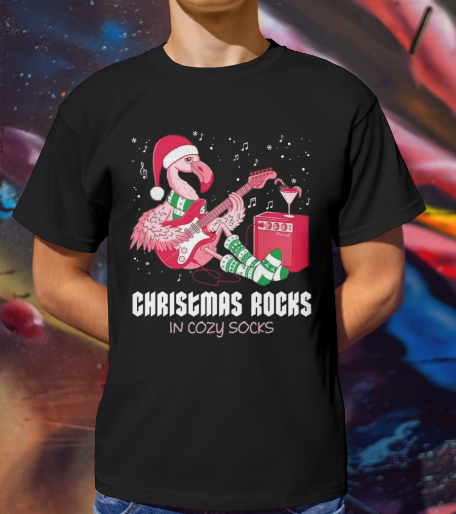 Christmas Rocks In Cozy Socks Flamingo Festive Vibes T-Shirt