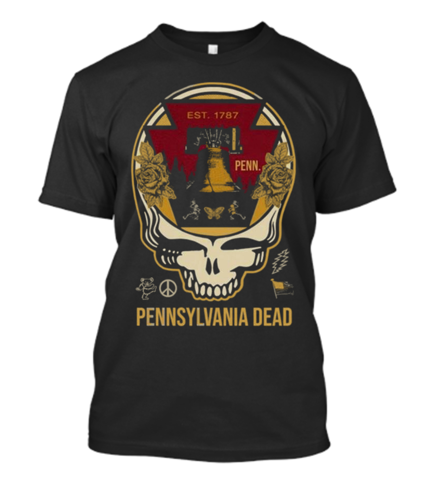 Pennsylvania Dead Est. 1787 Penn Skull With Liberty Bell And Roses T-Shirt