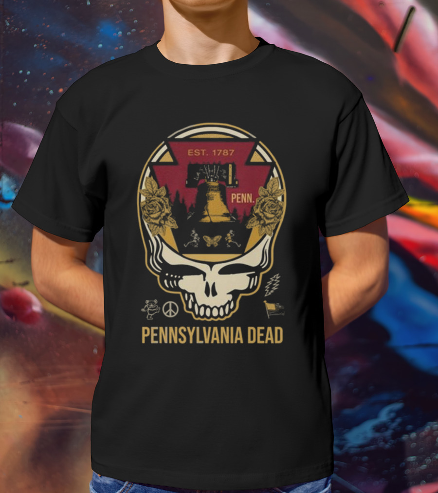 Pennsylvania Dead Est. 1787 Penn Skull With Liberty Bell And Roses T-Shirt