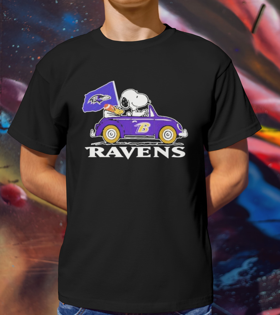 Snoopy And Woodstock Driving Ravens Car With Flag T-Shirt