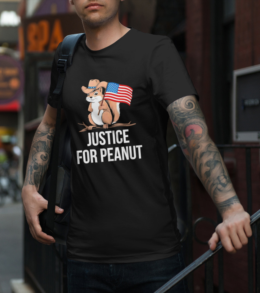 Justice For Peanut Squirrel Holding US Flag In Cowboy Hat T-Shirt