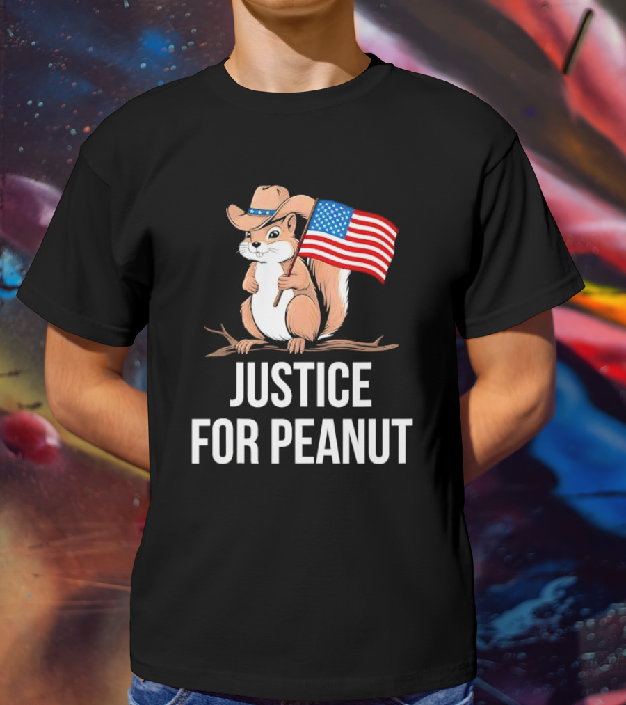 Justice For Peanut Squirrel Holding US Flag In Cowboy Hat T-Shirt