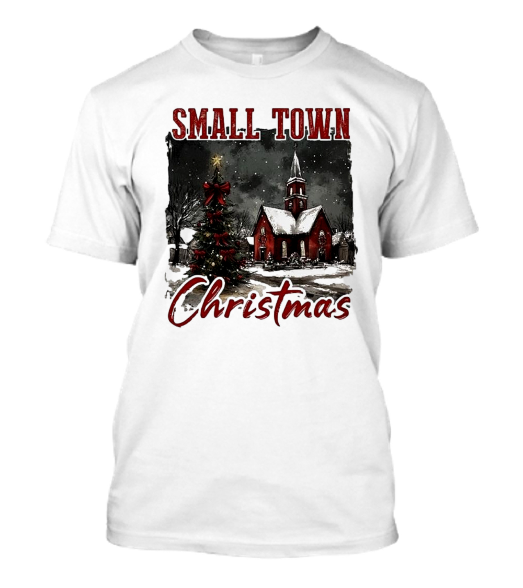 Vintage Retro Small Town Christmas Church Scene T-Shirt
