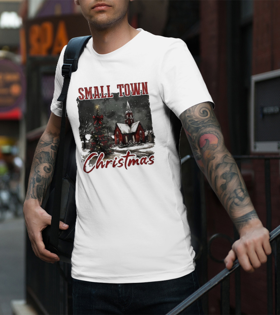 Vintage Retro Small Town Christmas Church Scene T-Shirt