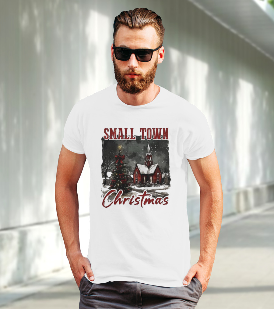 Vintage Retro Small Town Christmas Church Scene T-Shirt