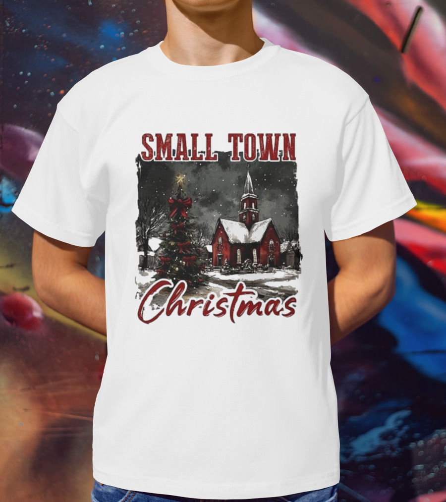 Vintage Retro Small Town Christmas Church Scene T-Shirt