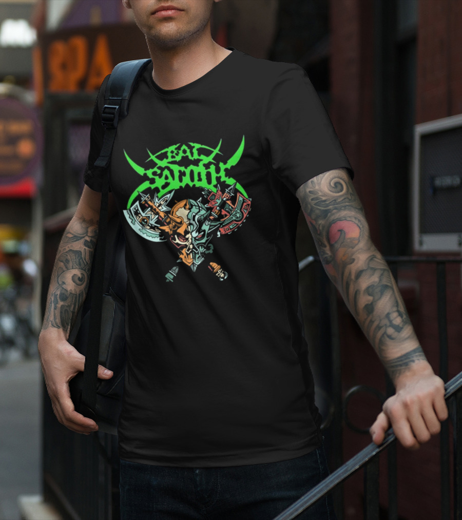 Bal-Sagoth Sigil Dual Skull With Swords And Axes Green And Red T-Shirt