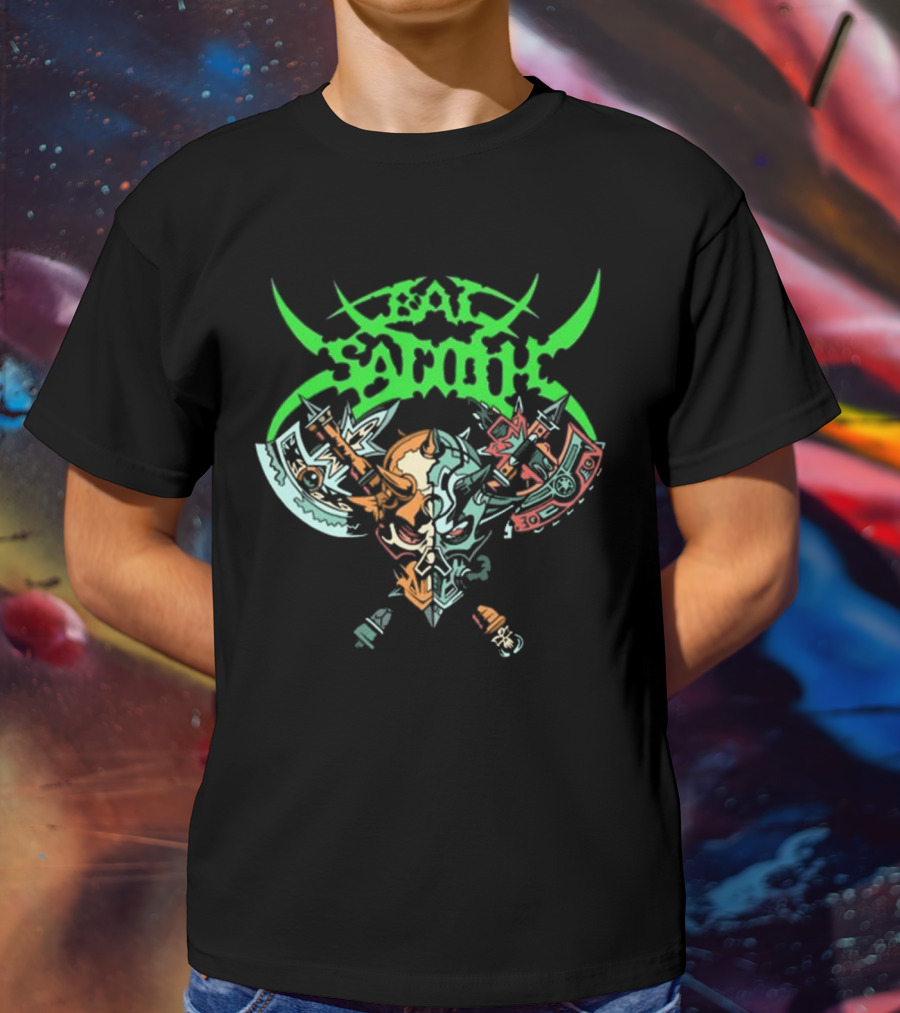 Bal-Sagoth Sigil Dual Skull With Swords And Axes Green And Red T-Shirt