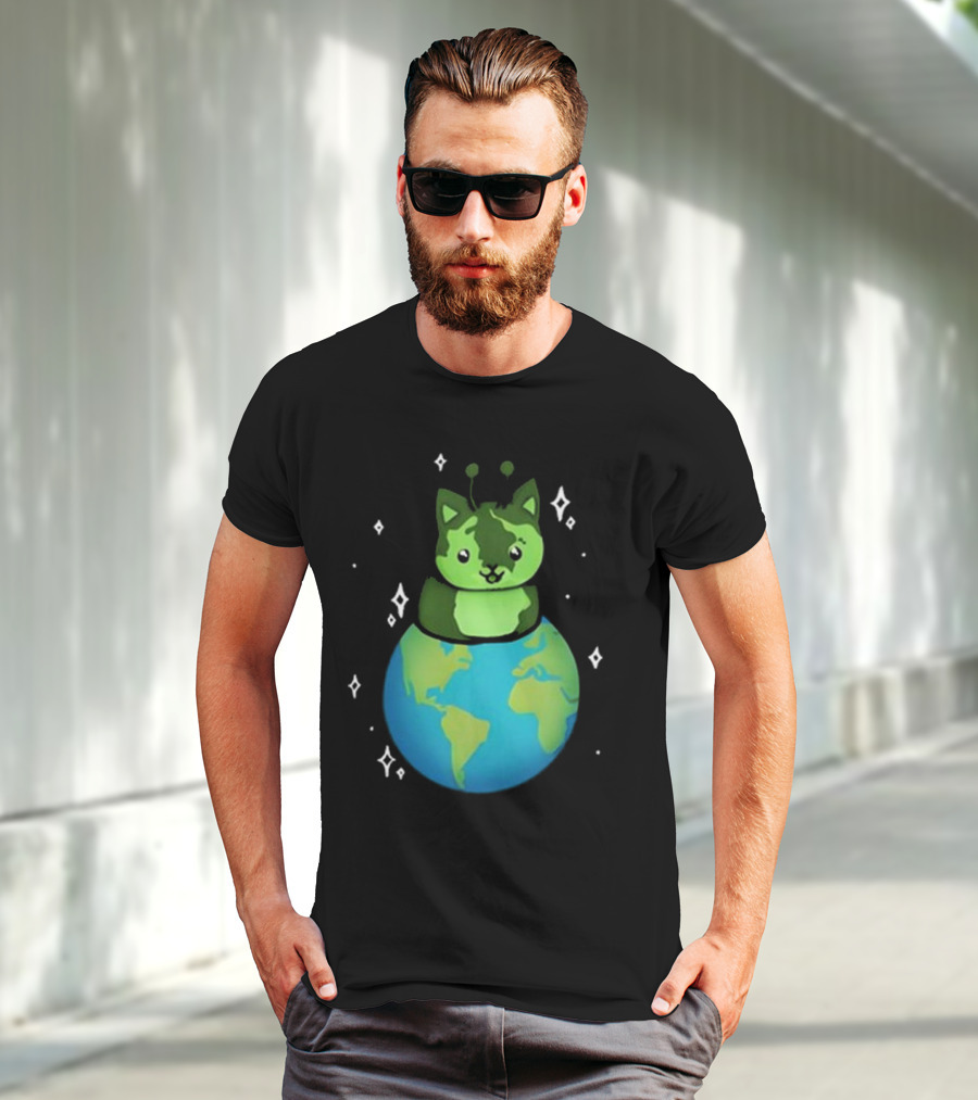 Cult Of Biscuit Alien Biscuit Cat Globe Stars T-Shirt