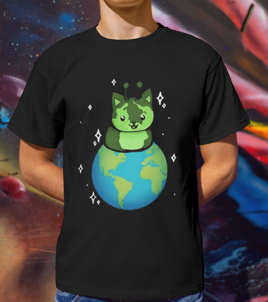 Cult Of Biscuit Alien Biscuit Cat Globe Stars T-Shirt